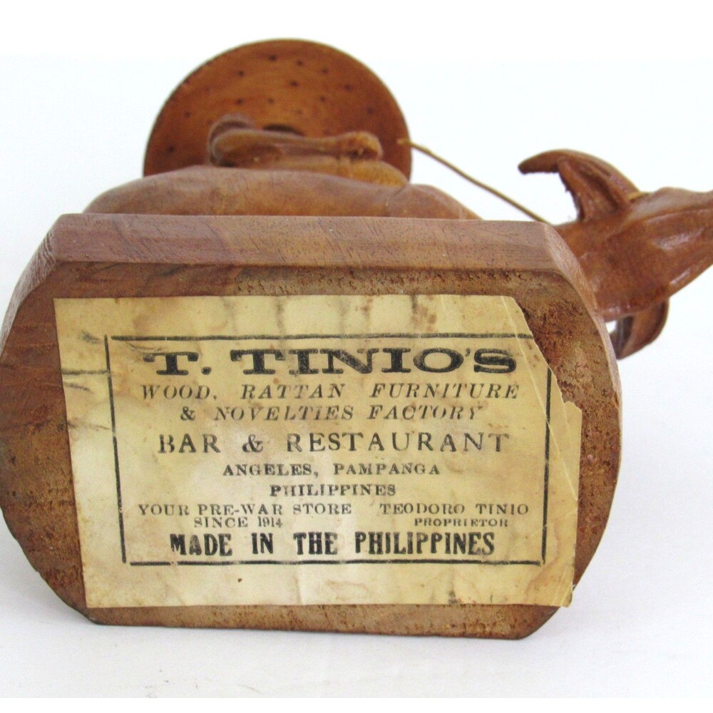 Vtg. Hand Carved Wooden Farmer Riding Water Buffalo Toothpick Holder T. Tinio - Picture 5 of 6